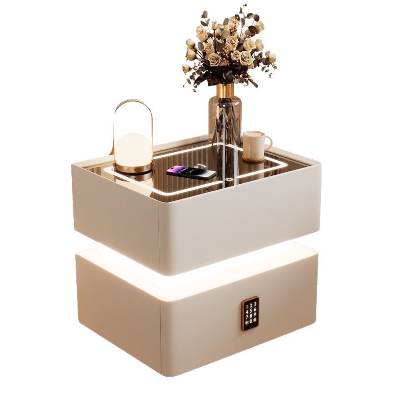 Modern Luxury Rock-Panel Nightstand with Tempered Glass, Microfiber Leather, Solid Wood, Rounded Edges, 2-Drawer for Bedroom