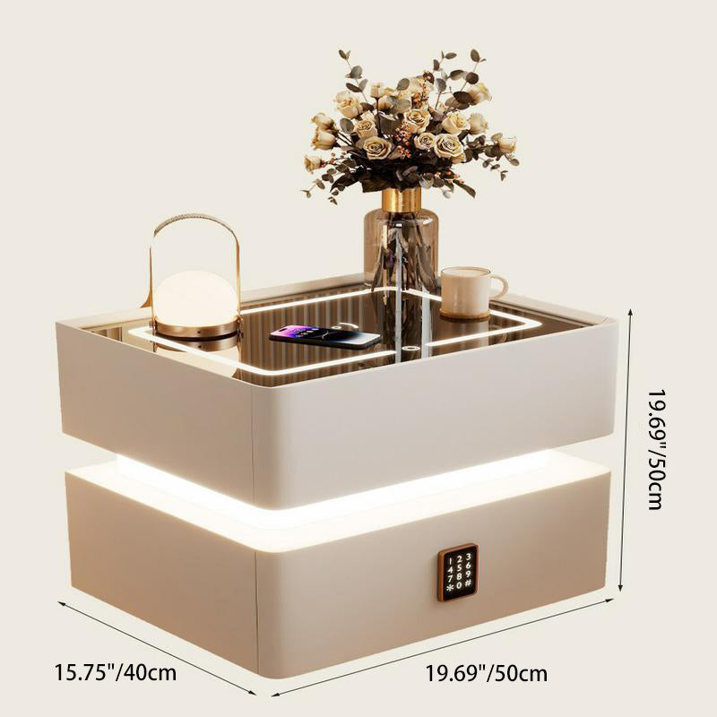 Modern Luxury Rock-Panel Nightstand with Tempered Glass, Microfiber Leather, Solid Wood, Rounded Edges, 2-Drawer for Bedroom
