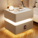 Modern Luxury Rock-Panel Nightstand with Tempered Glass, Microfiber Leather, Solid Wood, Rounded Edges, 2-Drawer for Bedroom