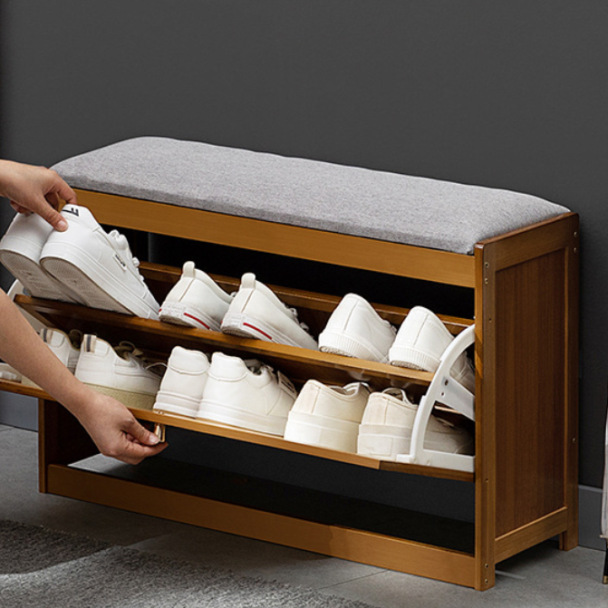 Traditional Japanese Bamboo Ventilated Shoe Bench – Rectangular ABS Construction with Linen Finish for Entryway & Living Room