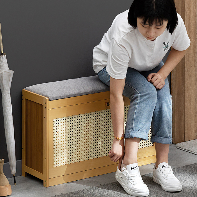 Traditional Japanese Bamboo Ventilated Shoe Bench – Rectangular ABS Construction with Linen Finish for Entryway & Living Room