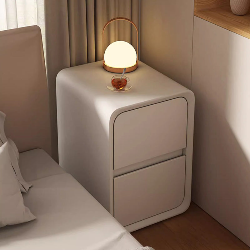 Contemporary Minimalist Nightstand – Microfiber Leather, Solid Wood & Metal, Rounded-Rectangle Design with 2 Drawers for Bedroom
