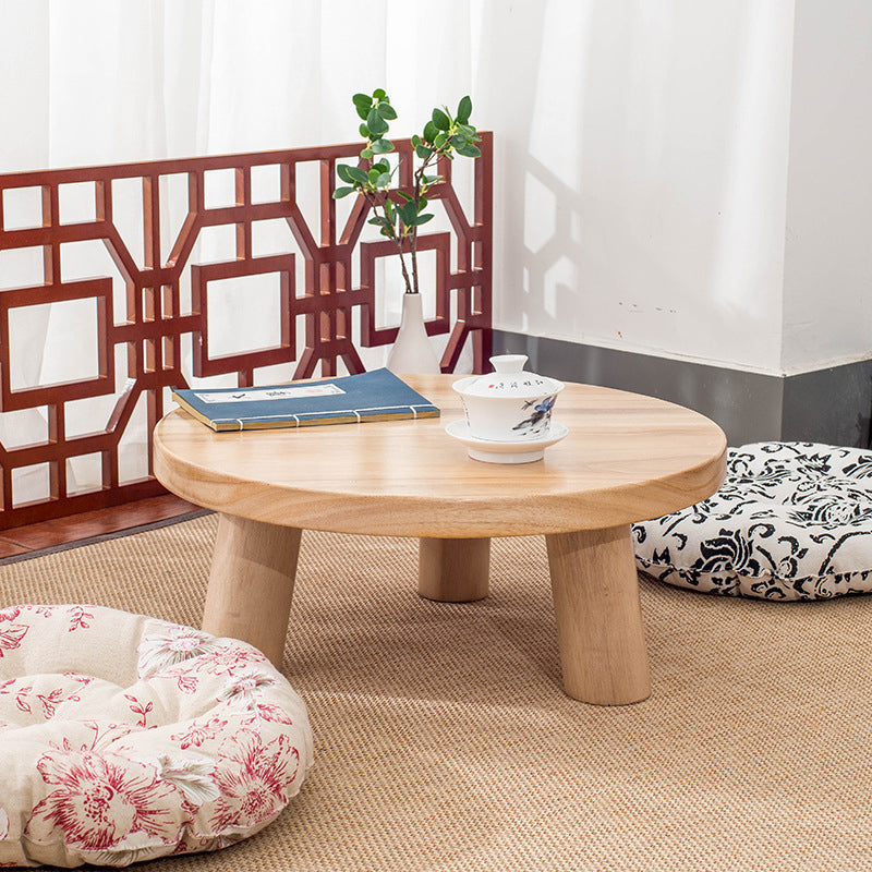 Traditional Japanese Solid Wood Round End Table, 1-Tier Cylindrical Design for Living Room
