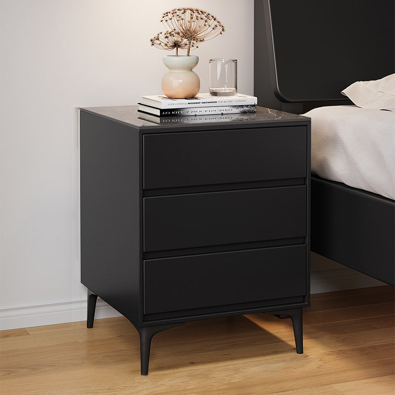 Modern Luxury Nightstand – Solid Wood with Sintered Stone Top and Metal Frame, Rectangular 3-Drawer Bedroom Table