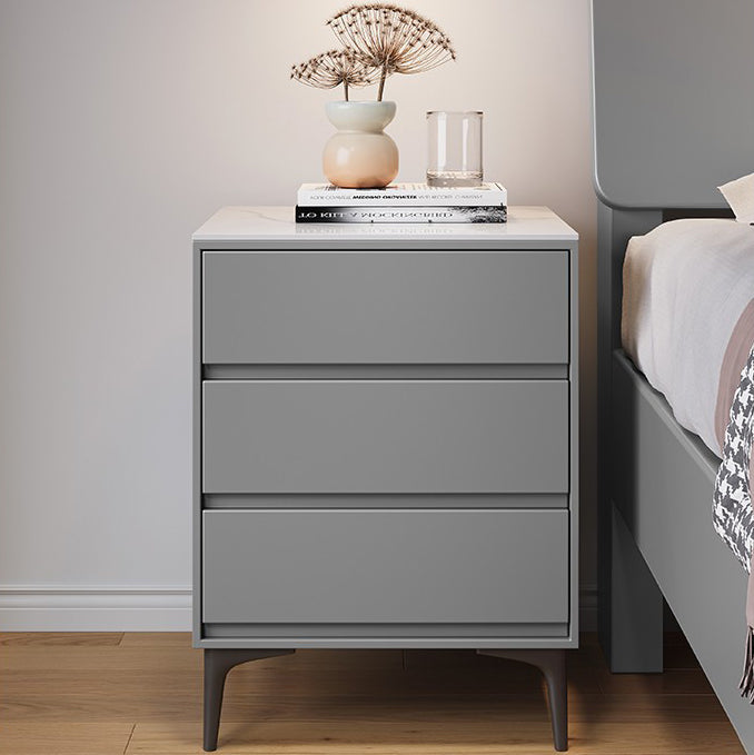 Modern Luxury Nightstand – Solid Wood with Sintered Stone Top and Metal Frame, Rectangular 3-Drawer Bedroom Table