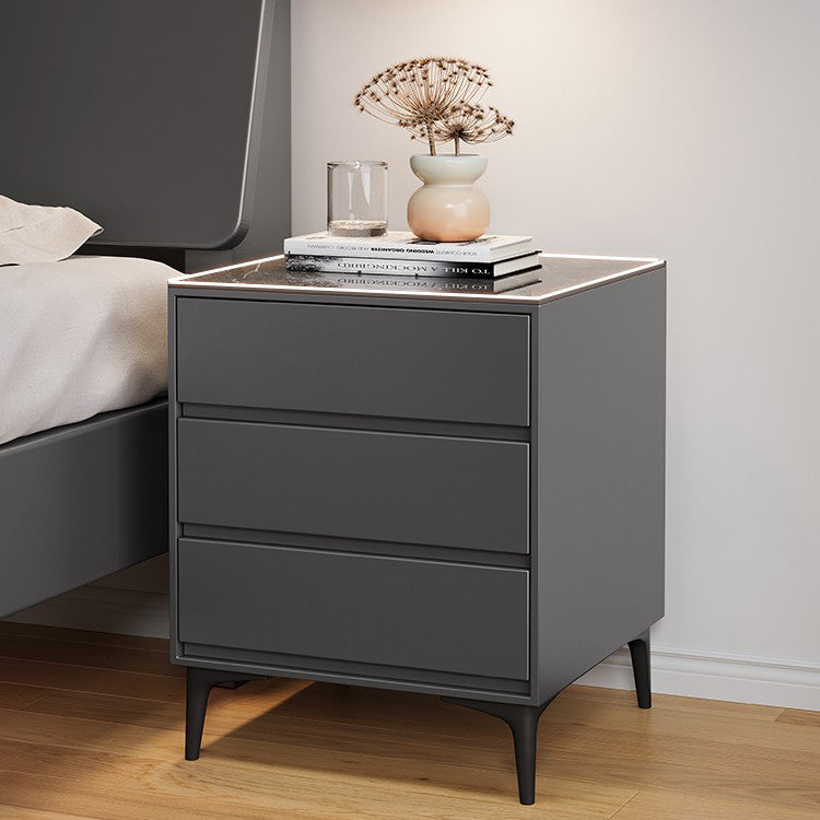 Modern Luxury Nightstand – Solid Wood with Sintered Stone Top and Metal Frame, Rectangular 3-Drawer Bedroom Table