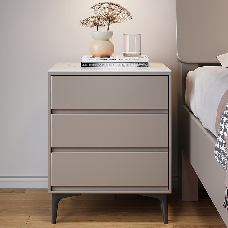 Modern Luxury Nightstand – Solid Wood with Sintered Stone Top and Metal Frame, Rectangular 3-Drawer Bedroom Table