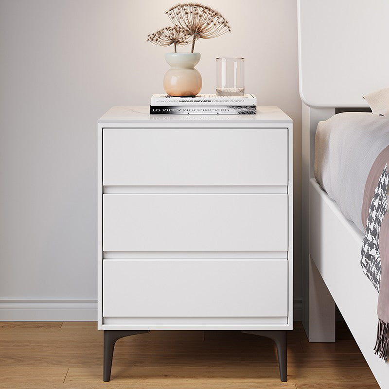 Modern Luxury Nightstand – Solid Wood with Sintered Stone Top and Metal Frame, Rectangular 3-Drawer Bedroom Table