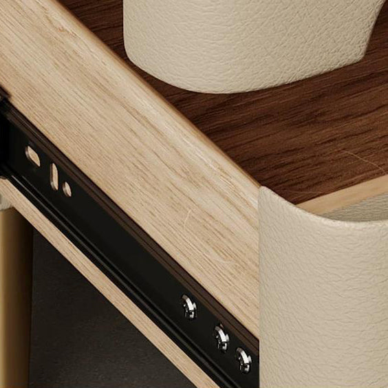 Contemporary Scandinavian Nightstand with Sintered Stone, Cat-Scratch Leather, Solid Wood & Stainless Steel – Rounded Square-Cylinder Design with 2 Drawers for Bedroom