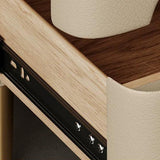 Contemporary Scandinavian Nightstand with Sintered Stone, Cat-Scratch Leather, Solid Wood & Stainless Steel – Rounded Square-Cylinder Design with 2 Drawers for Bedroom