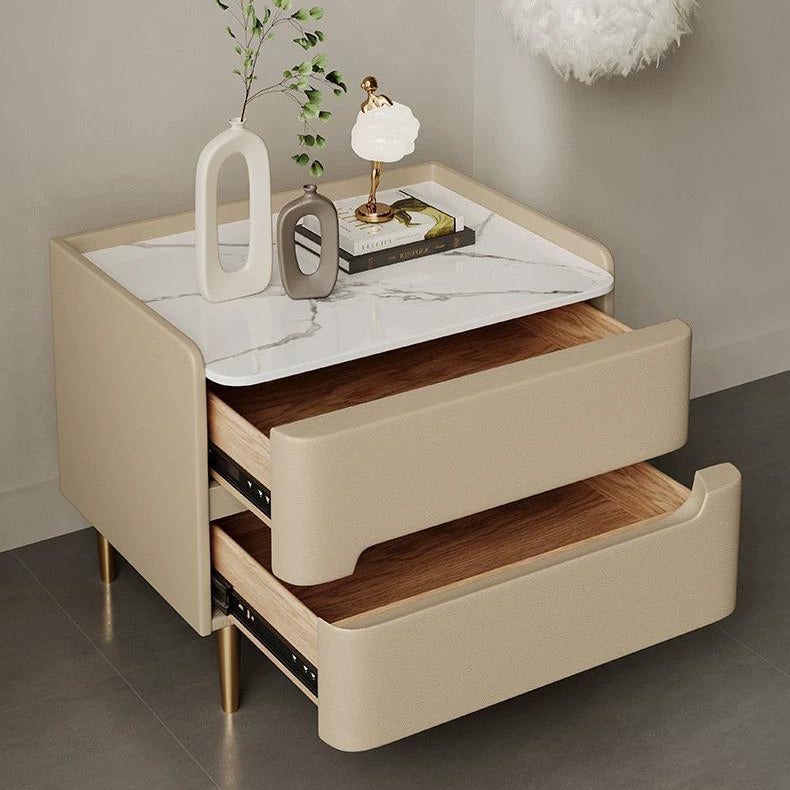 Contemporary Scandinavian Nightstand with Sintered Stone, Cat-Scratch Leather, Solid Wood & Stainless Steel – Rounded Square-Cylinder Design with 2 Drawers for Bedroom