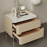 Contemporary Scandinavian Nightstand with Sintered Stone, Cat-Scratch Leather, Solid Wood & Stainless Steel – Rounded Square-Cylinder Design with 2 Drawers for Bedroom