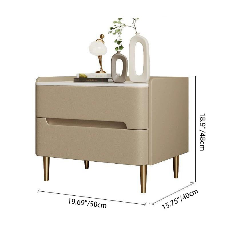Contemporary Scandinavian Nightstand with Sintered Stone, Cat-Scratch Leather, Solid Wood & Stainless Steel – Rounded Square-Cylinder Design with 2 Drawers for Bedroom