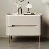 Contemporary Scandinavian Nightstand with Sintered Stone, Cat-Scratch Leather, Solid Wood & Stainless Steel – Rounded Square-Cylinder Design with 2 Drawers for Bedroom