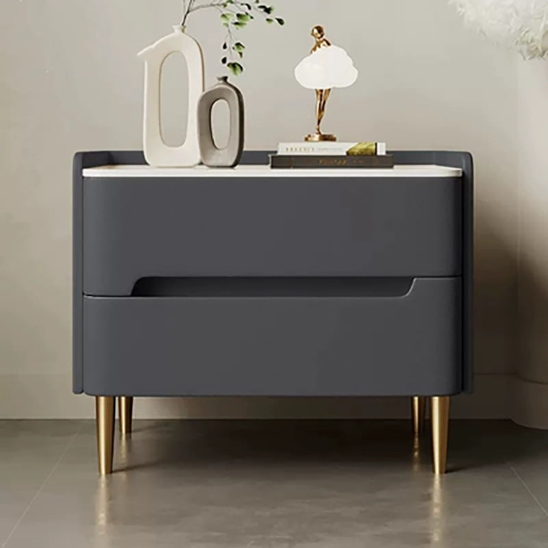 Contemporary Scandinavian Nightstand with Sintered Stone, Cat-Scratch Leather, Solid Wood & Stainless Steel – Rounded Square-Cylinder Design with 2 Drawers for Bedroom