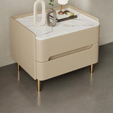 Contemporary Scandinavian Nightstand with Sintered Stone, Cat-Scratch Leather, Solid Wood & Stainless Steel – Rounded Square-Cylinder Design with 2 Drawers for Bedroom
