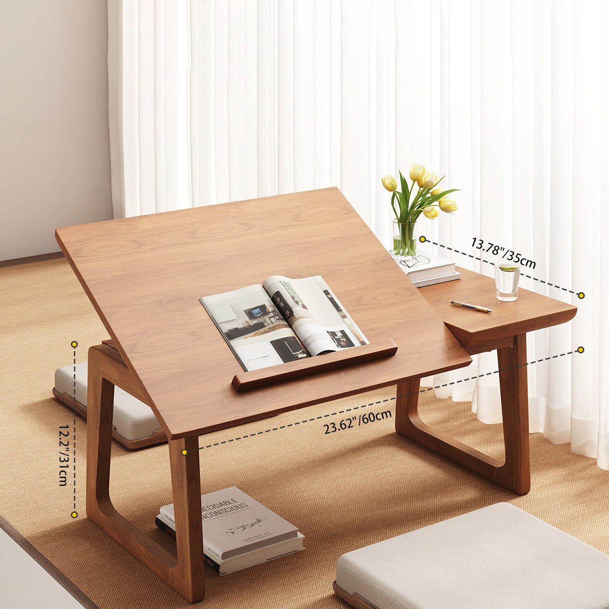 Traditional Japanese Solid Wood Foldable Rectangle Side Table — One-Tier for Living Room