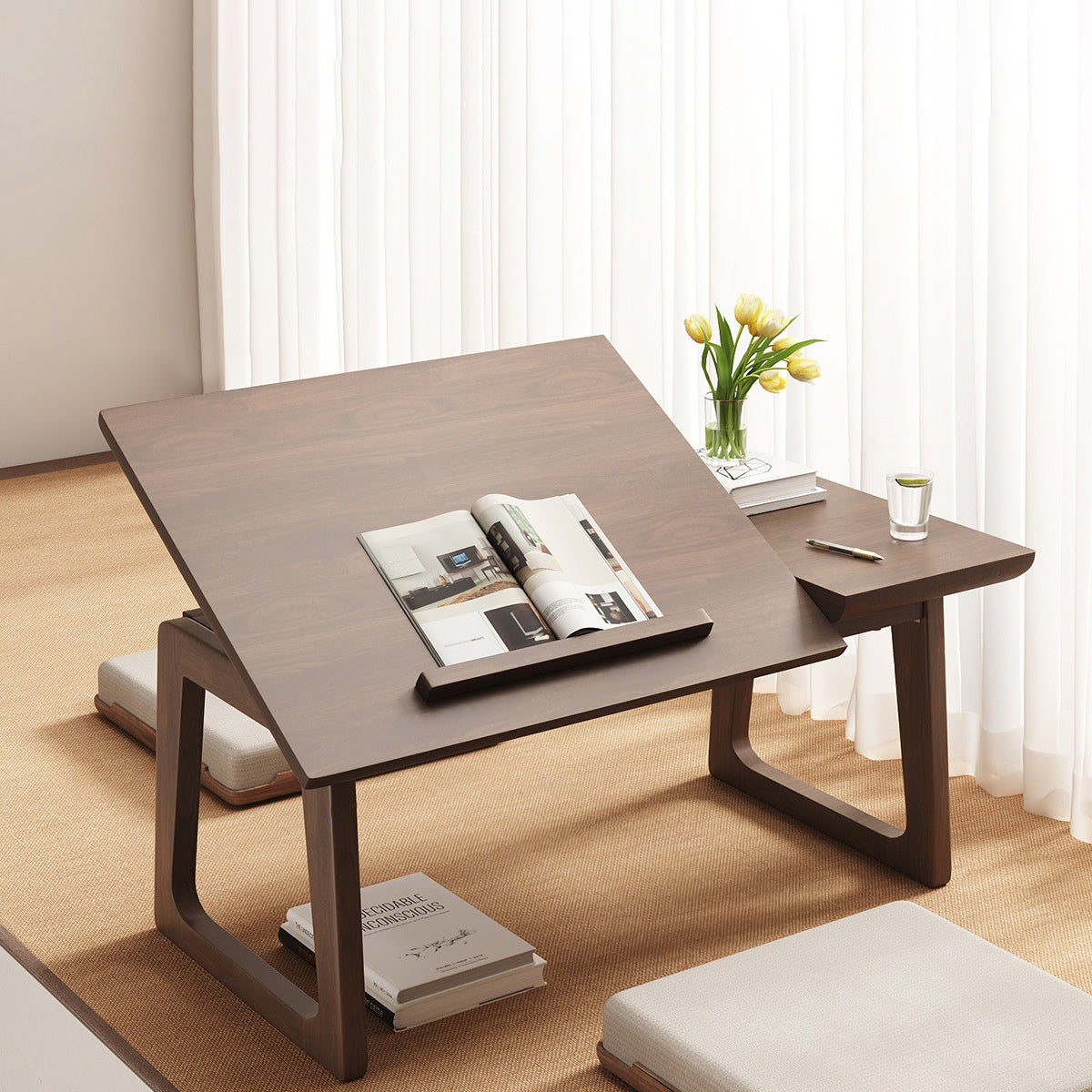 Traditional Japanese Solid Wood Foldable Rectangle Side Table — One-Tier for Living Room