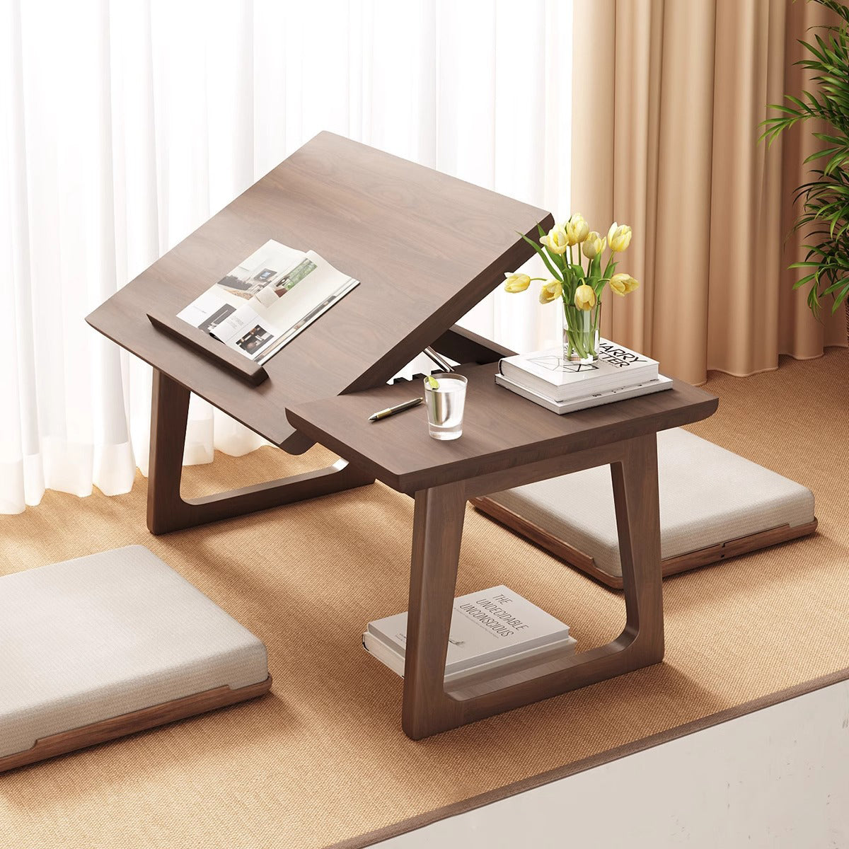Traditional Japanese Solid Wood Foldable Rectangle Side Table — One-Tier for Living Room