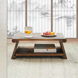 Elegant Traditional Japanese Solid Wood 2-Tier Rectangle Coffee Table for Living Room
