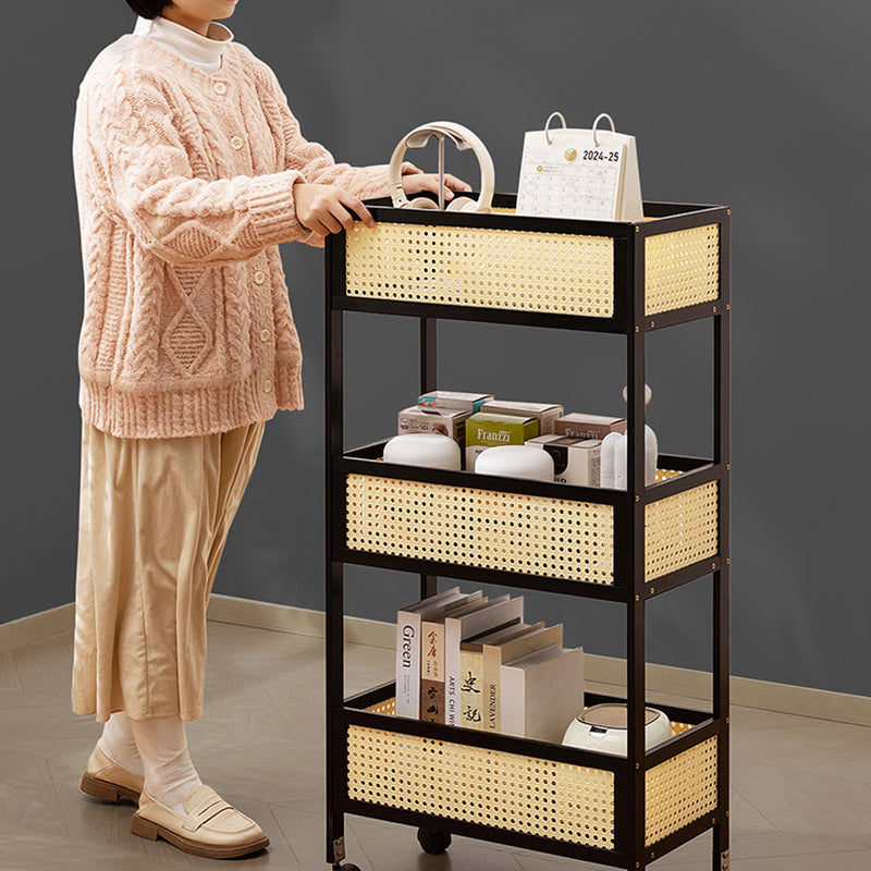 Sleek Modern Minimalist Bamboo Rattan Mobile Storage Shelf — Rectangular 3-Shelf Design for Living Room