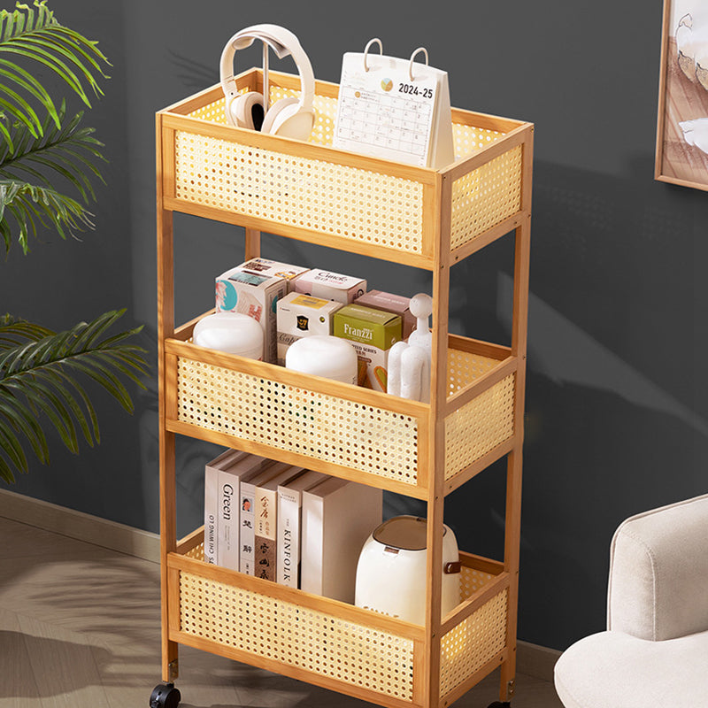 Sleek Modern Minimalist Bamboo Rattan Mobile Storage Shelf — Rectangular 3-Shelf Design for Living Room
