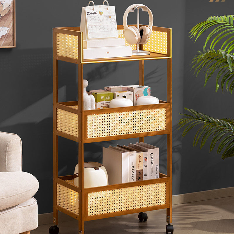Sleek Modern Minimalist Bamboo Rattan Mobile Storage Shelf — Rectangular 3-Shelf Design for Living Room