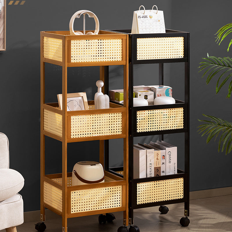 Sleek Modern Minimalist Bamboo Rattan Mobile Storage Shelf — Rectangular 3-Shelf Design for Living Room