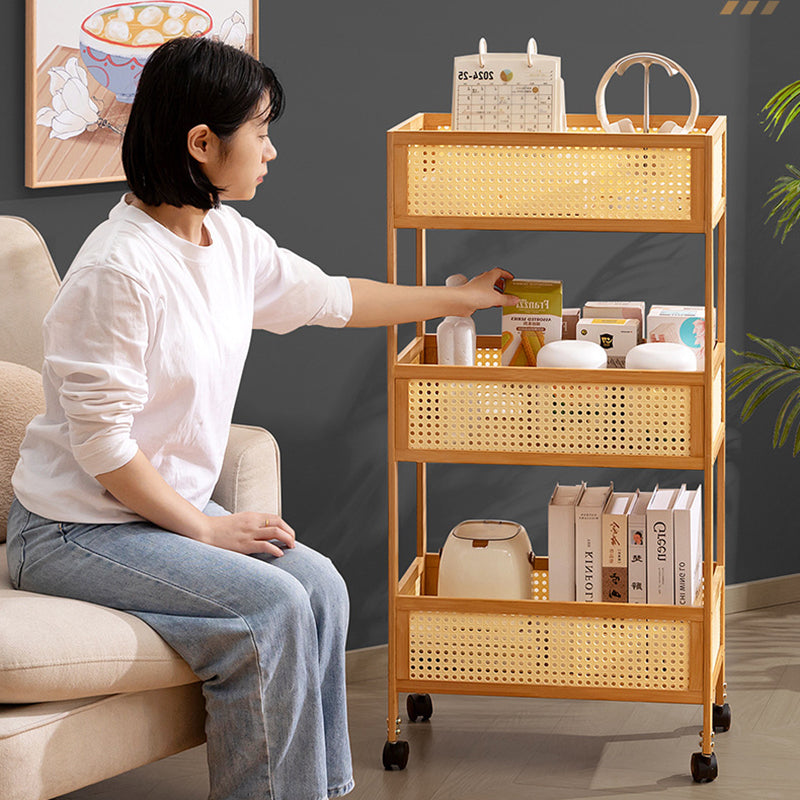Sleek Modern Minimalist Bamboo Rattan Mobile Storage Shelf — Rectangular 3-Shelf Design for Living Room