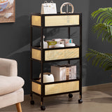 Sleek Modern Minimalist Bamboo Rattan Mobile Storage Shelf — Rectangular 3-Shelf Design for Living Room