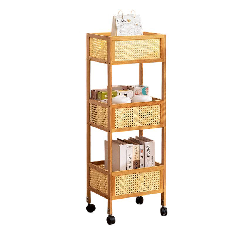 Sleek Modern Minimalist Bamboo Rattan Mobile Storage Shelf — Rectangular 3-Shelf Design for Living Room