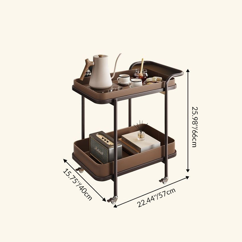 Contemporary Scandinavian-Style Movable Side Table in Saddle Leather & Carbon Steel, 2-Tier Cylindrical-Frame with Rectangular Top for Living Room