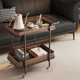 Contemporary Scandinavian-Style Movable Side Table in Saddle Leather & Carbon Steel, 2-Tier Cylindrical-Frame with Rectangular Top for Living Room