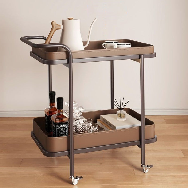 Contemporary Scandinavian-Style Movable Side Table in Saddle Leather & Carbon Steel, 2-Tier Cylindrical-Frame with Rectangular Top for Living Room