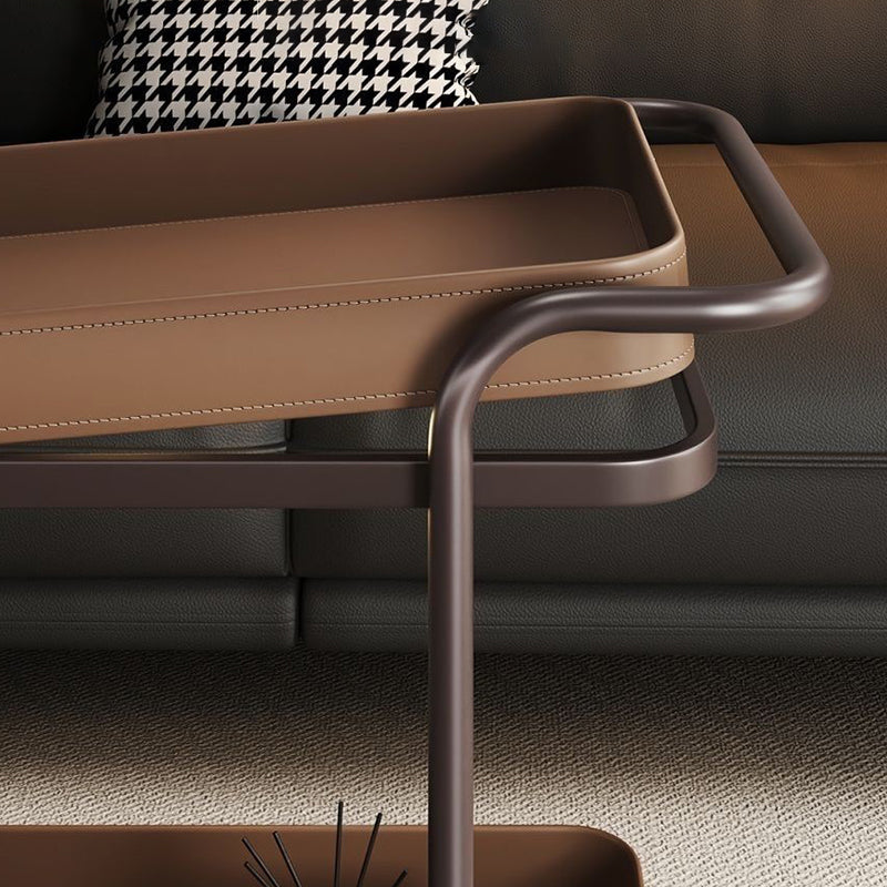 Contemporary Scandinavian-Style Movable Side Table in Saddle Leather & Carbon Steel, 2-Tier Cylindrical-Frame with Rectangular Top for Living Room