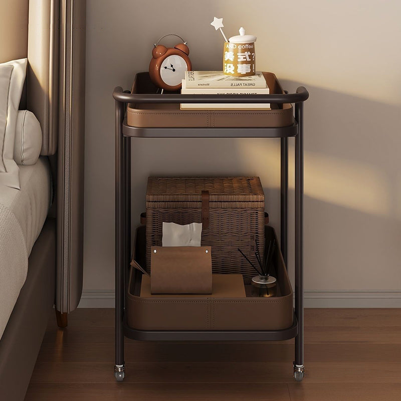 Contemporary Scandinavian-Style Movable Side Table in Saddle Leather & Carbon Steel, 2-Tier Cylindrical-Frame with Rectangular Top for Living Room