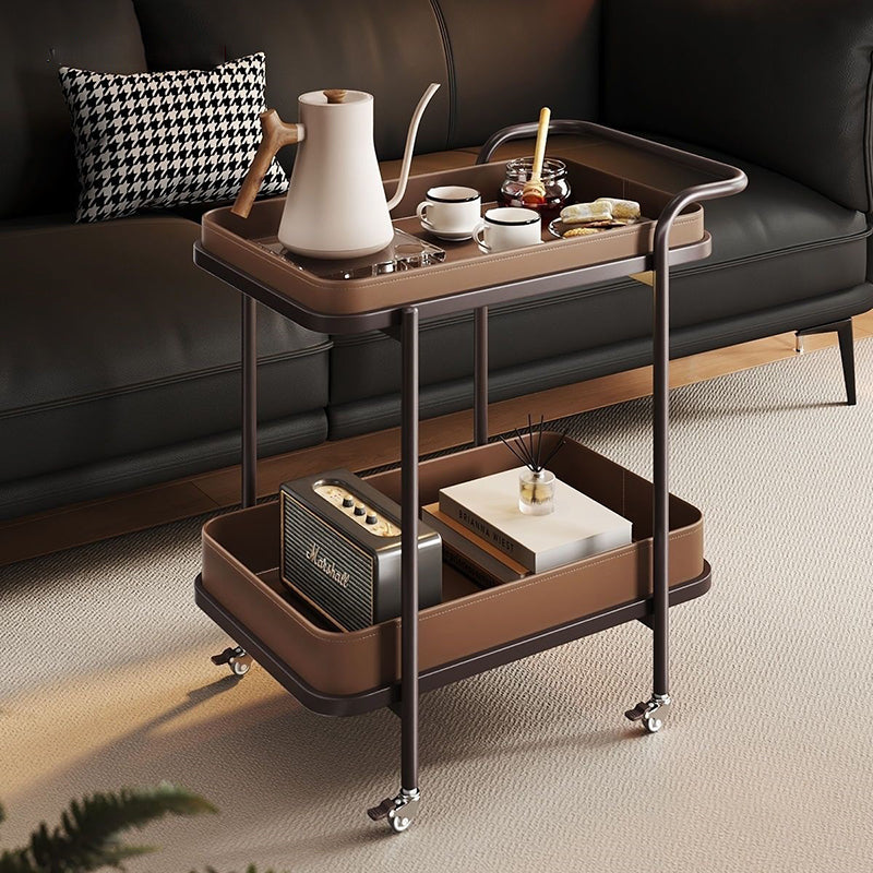 Contemporary Scandinavian-Style Movable Side Table in Saddle Leather & Carbon Steel, 2-Tier Cylindrical-Frame with Rectangular Top for Living Room