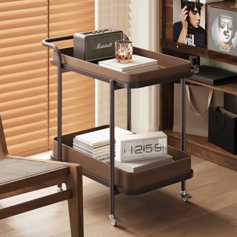 Contemporary Scandinavian-Style Movable Side Table in Saddle Leather & Carbon Steel, 2-Tier Cylindrical-Frame with Rectangular Top for Living Room