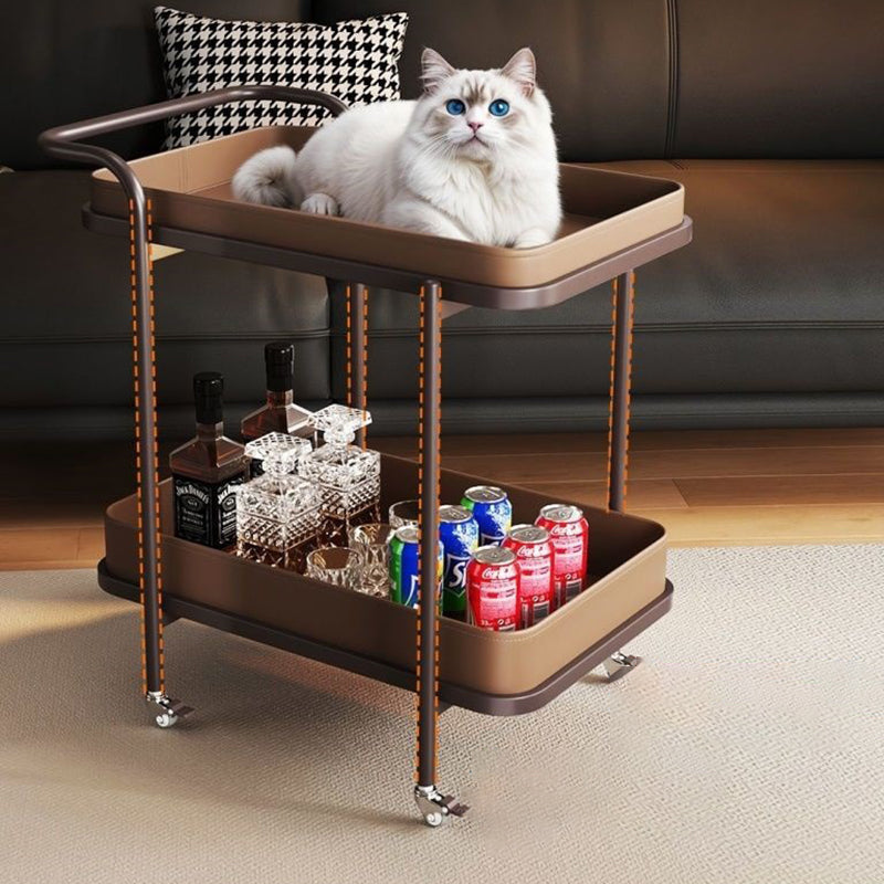 Contemporary Scandinavian-Style Movable Side Table in Saddle Leather & Carbon Steel, 2-Tier Cylindrical-Frame with Rectangular Top for Living Room
