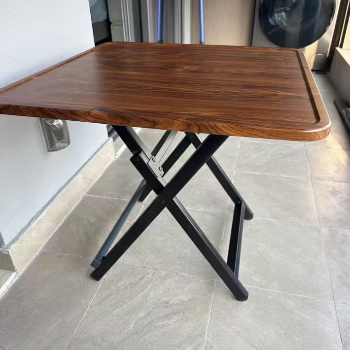 Elegant Traditional Vintage MDF Folding Dining Table with Iron Frame — Rounded-Square, 1-Tier for Dining Room