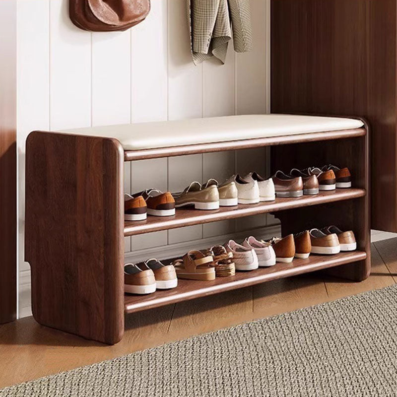 Modern Minimalist Solid Wood PU Leather Rounded-Rectangle 2-Tier Shoe Bench for Living Room – Sleek Storage and Seating