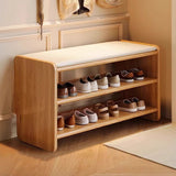 Modern Minimalist Solid Wood PU Leather Rounded-Rectangle 2-Tier Shoe Bench for Living Room – Sleek Storage and Seating