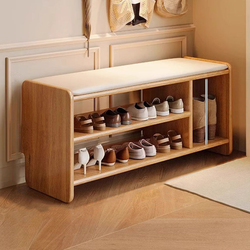 Modern Minimalist Solid Wood PU Leather Rounded-Rectangle 2-Tier Shoe Bench for Living Room – Sleek Storage and Seating