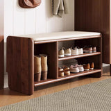 Modern Minimalist Solid Wood PU Leather Rounded-Rectangle 2-Tier Shoe Bench for Living Room – Sleek Storage and Seating