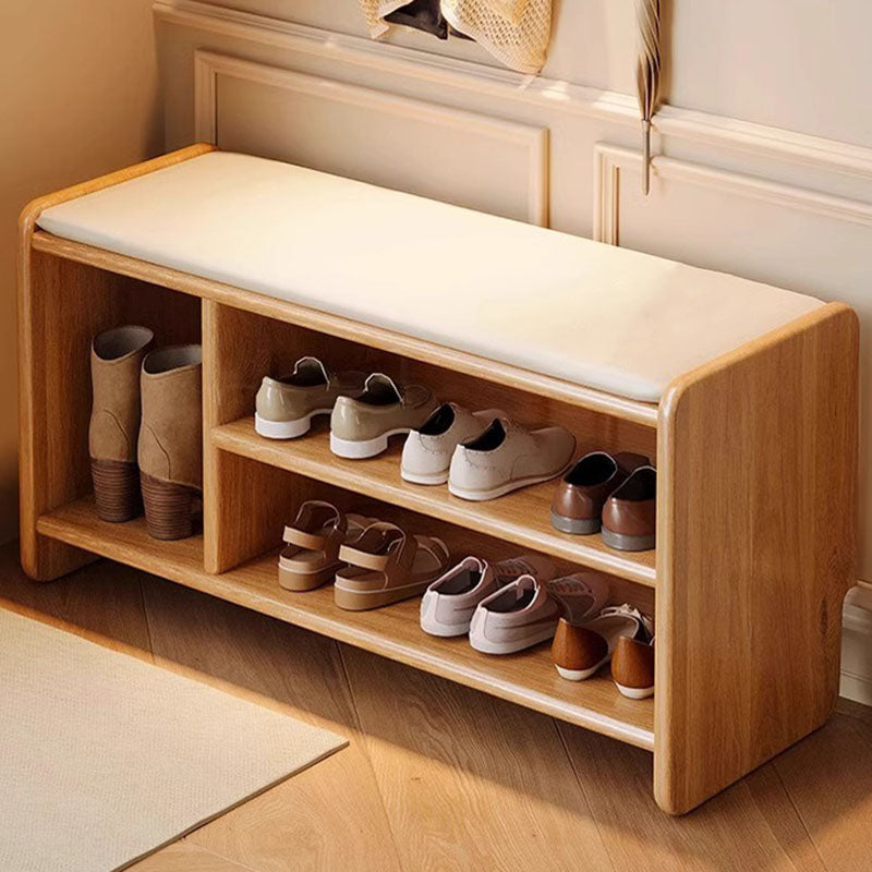 Modern Minimalist Solid Wood PU Leather Rounded-Rectangle 2-Tier Shoe Bench for Living Room – Sleek Storage and Seating