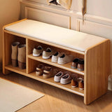 Modern Minimalist Solid Wood PU Leather Rounded-Rectangle 2-Tier Shoe Bench for Living Room – Sleek Storage and Seating