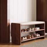 Modern Minimalist Solid Wood PU Leather Rounded-Rectangle 2-Tier Shoe Bench for Living Room – Sleek Storage and Seating