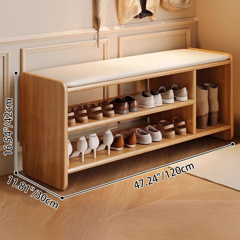 Modern Minimalist Solid Wood PU Leather Rounded-Rectangle 2-Tier Shoe Bench for Living Room – Sleek Storage and Seating