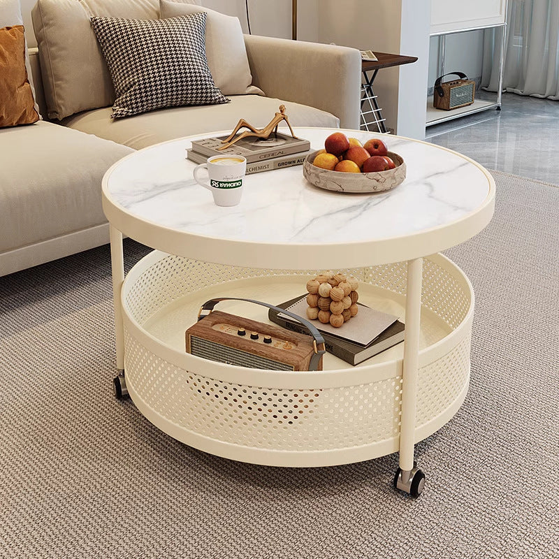 Scandinavian-Style Contemporary Metal Slab Round Side Table, Movable with Two-Tier End Table for Living Room