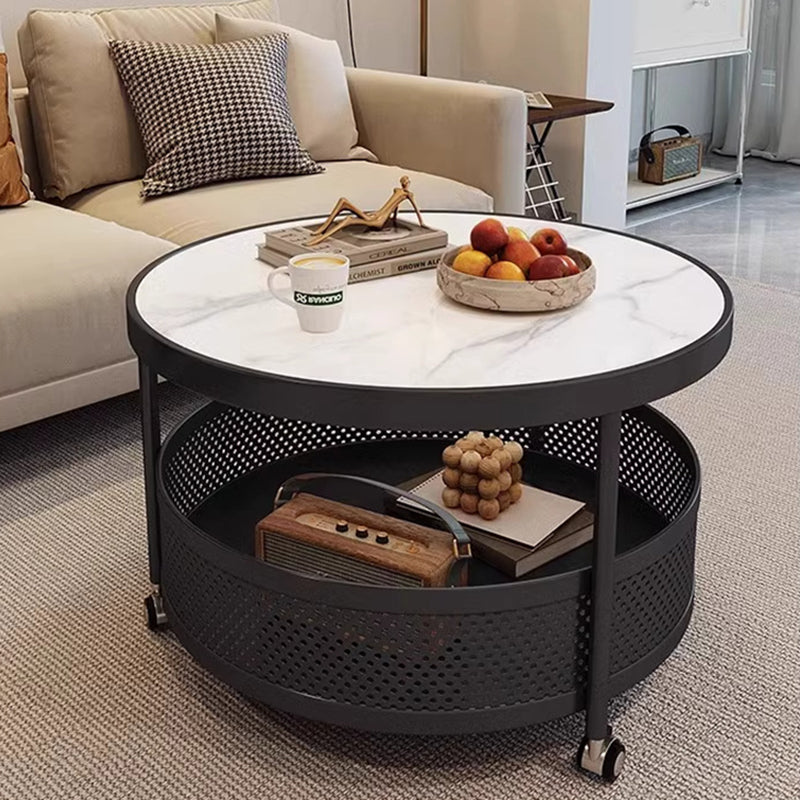 Scandinavian-Style Contemporary Metal Slab Round Side Table, Movable with Two-Tier End Table for Living Room